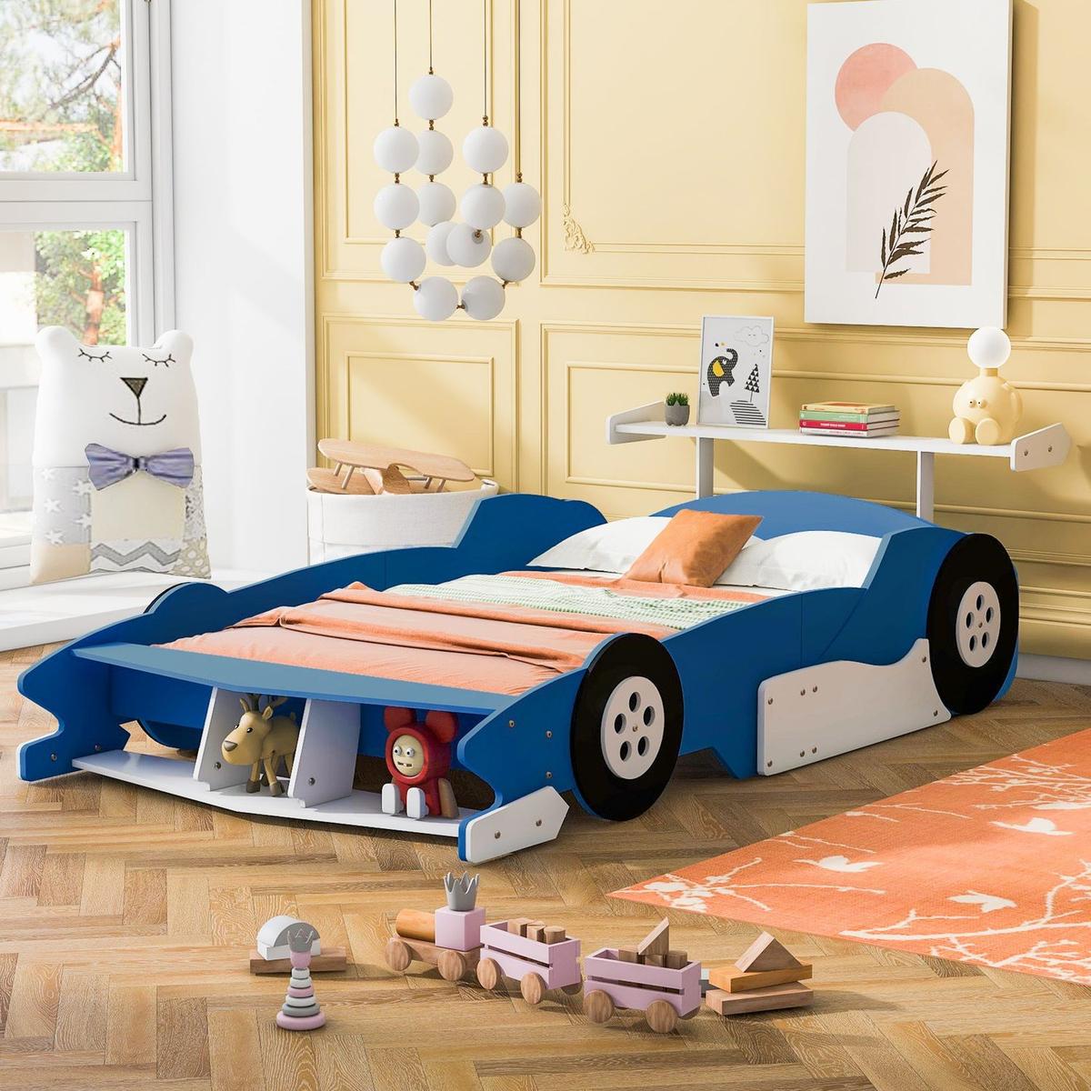 Full Size Race Car-Shaped Platform Bed with Wheels,Blue