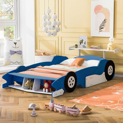 Full Size Race Car-Shaped Platform Bed with Wheels,Blue