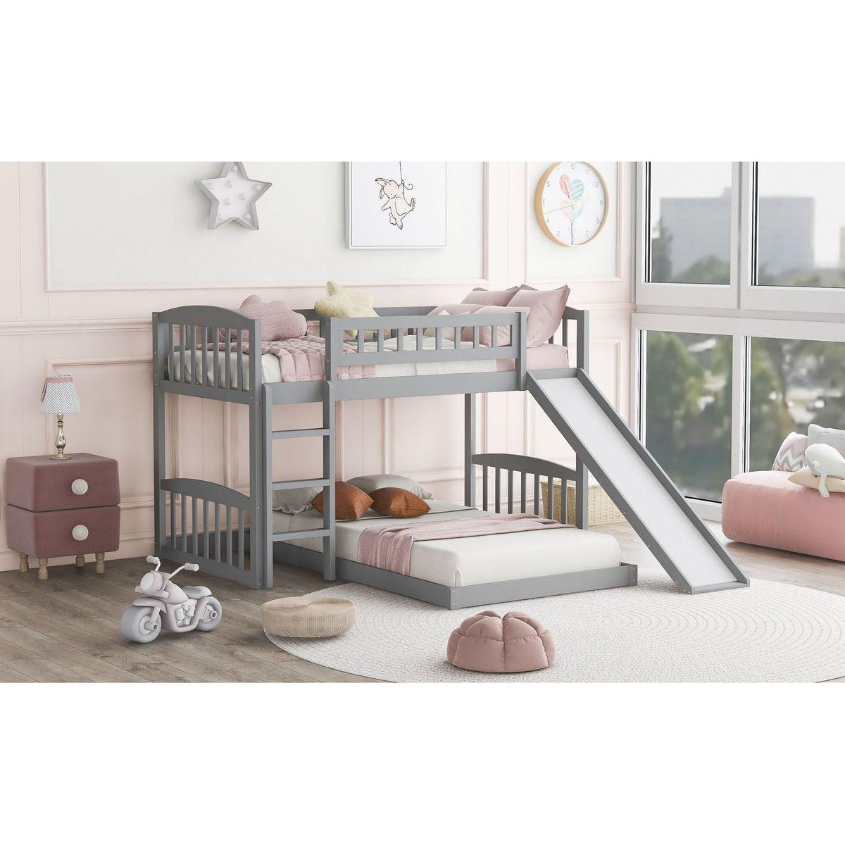 Twin Over Twin Bunk Bed with Slide and Ladder, Gray