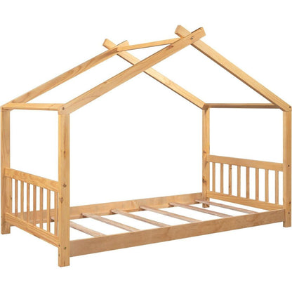 Twin Size House Platform Bed with Headboard and Footboard, Roof Design卢篓Natural