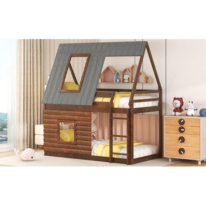 Wood Twin Size House Bunk Bed with Roof, Ladder and 2 Windows, Oak & Smoky Grey