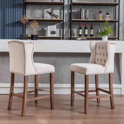 Counter Height Bar Stools, Upholstered 27" Seat Height Barstools, Wingback Breakfast Chairs with Nailhead-Trim & Tufted Back, Wood Legs, Set of 2(Beige)