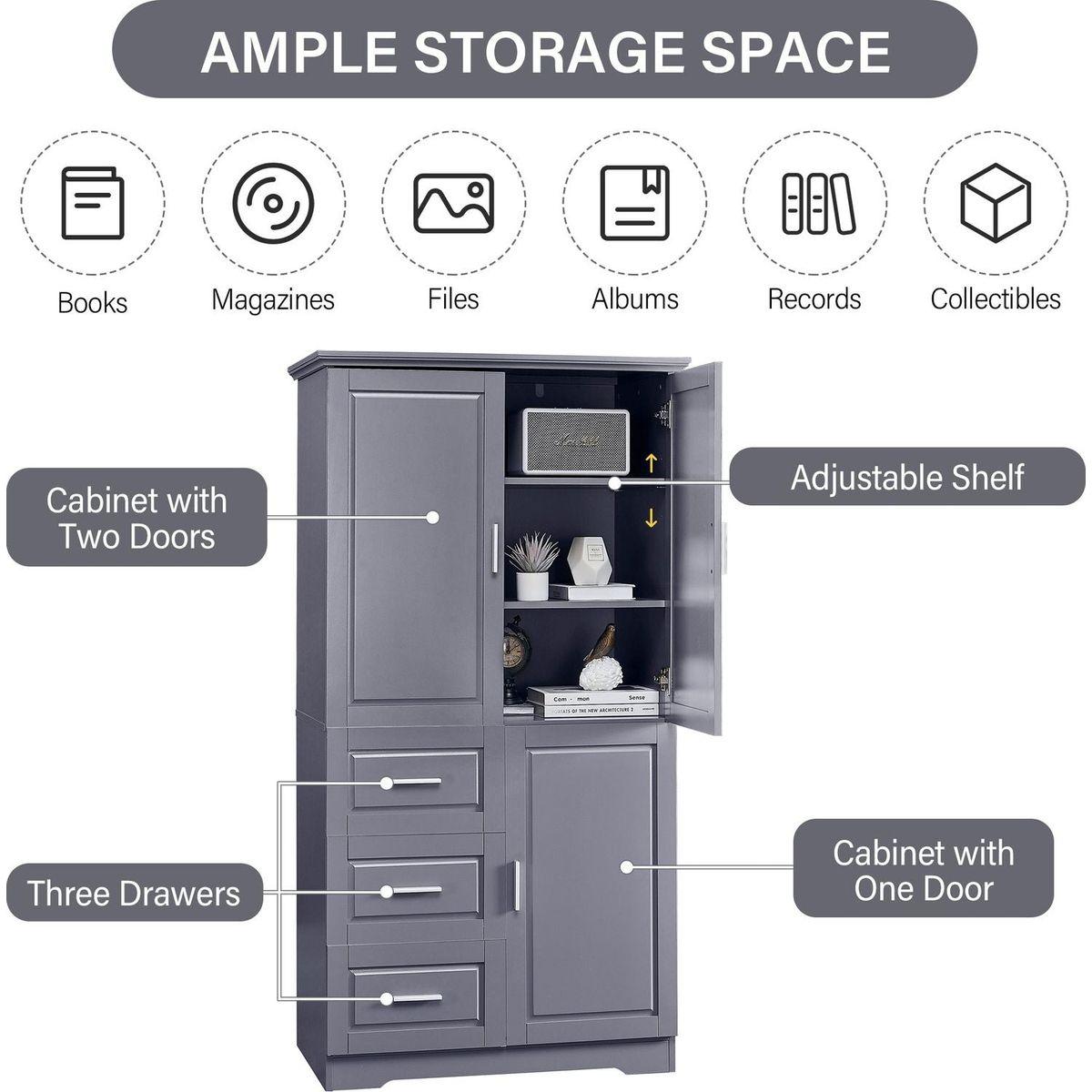 Tall and Wide Storage Cabinet with Doors for Bathroom/Office, Three Drawers, Grey
