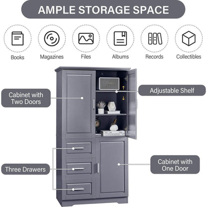 Tall and Wide Storage Cabinet with Doors for Bathroom/Office, Three Drawers, Grey