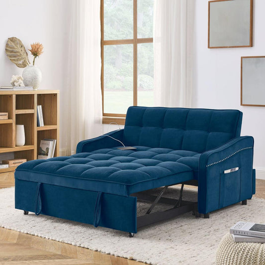 Loveseats Sofa Bed with Pull-out Bed,Adjustable Back and Two Arm Pocket,TypeC and USB Charging with Copper nail,Blue (47"x53"x31")