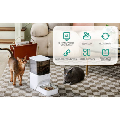 Automatic Cat Feeder, Timed Cat Feeder with APP Control, Dog Food Dispenser with Stainless Steel & Lock Lid, Up to 20 Portions 10 Meals Per Day, 30S Voice Recorder, 4L Programmable Pet Feeder