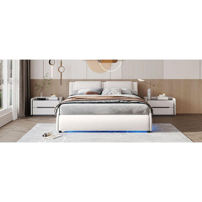 Queen Size Upholstered Faux Leather Platform Bed with LED Light Bed Frame with Slatted - White