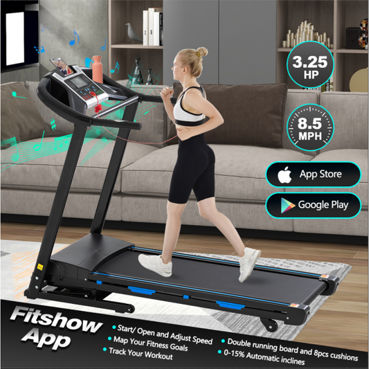 Treadmills for Home, Electric Treadmill with 15% Automatic Incline, Foldable 3.25HP Workout Running Machine Walking, Double Running Board Shock Absorption Pulse Sensor Bluetooth Speaker APP FITSHOW. - Streamdale Furniture