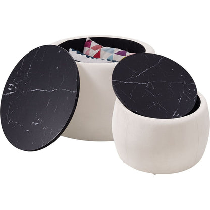 Set of 2 Nesting Round Storage Ottoman, Coffee Table Footstool with MDF Cover for Living Room, Bedroom, Top 650x450,480x390, Beige