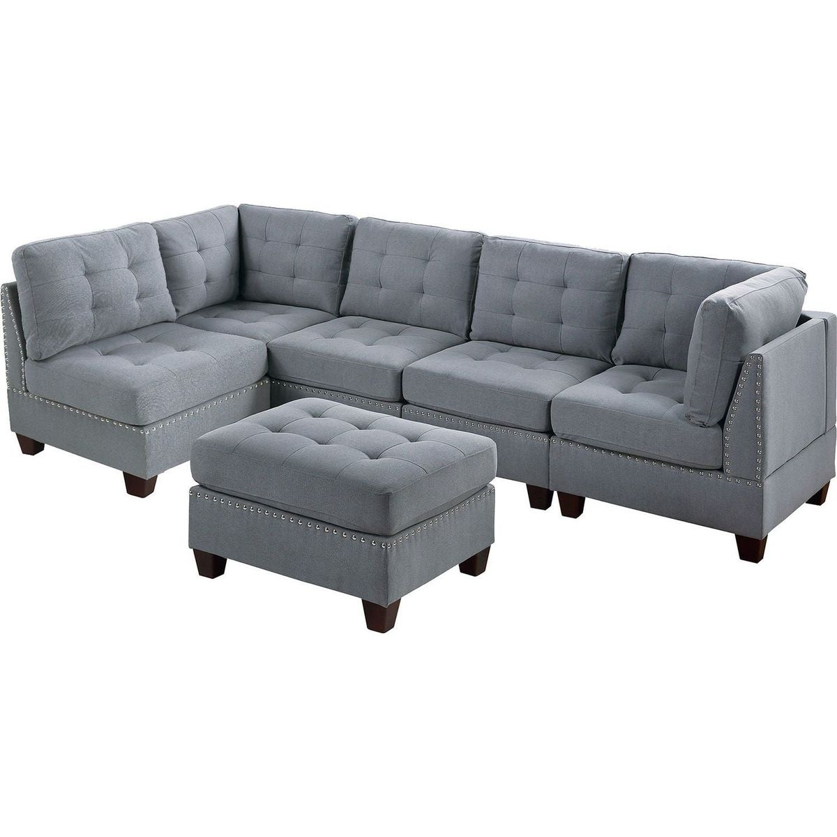 Contemporary Modular Sectional 6pc Set Living Room Furniture Corner Sectional Gray Linen Like Fabric Tufted Nail heads 2x Corner Wedge 3x Armless Chair and 1x Ottoman