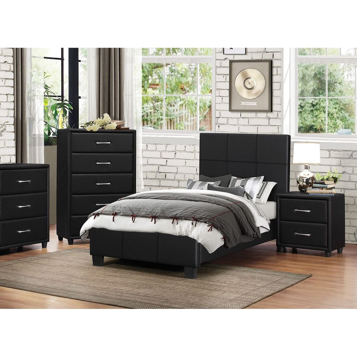 Contemporary Durable Black Faux Leather Covering 1pc Nightstand of Drawers Silver Tone Bar Pulls Stylish Furniture