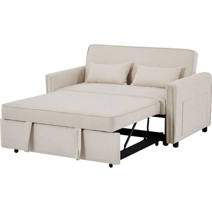 Modern Linen Convertible Loveseat Sleeper Sofa Couch with Adjustable Backrest, 2 Seater Sofa With Pull-Out Bed with 2 Lumbar Pillows For Small Living Room & Apartment