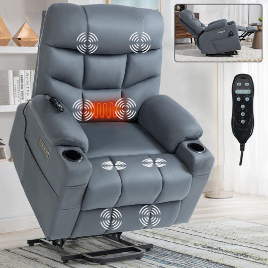 Okin Motor Up to 350 LBS Power Lift Recliner Chair, Heavy Duty Motion Mechanism with 8-Point Vibration Massage and Lumbar Heating, Cup Holders, USB and Type-C Ports, Removable Cushions, Blue