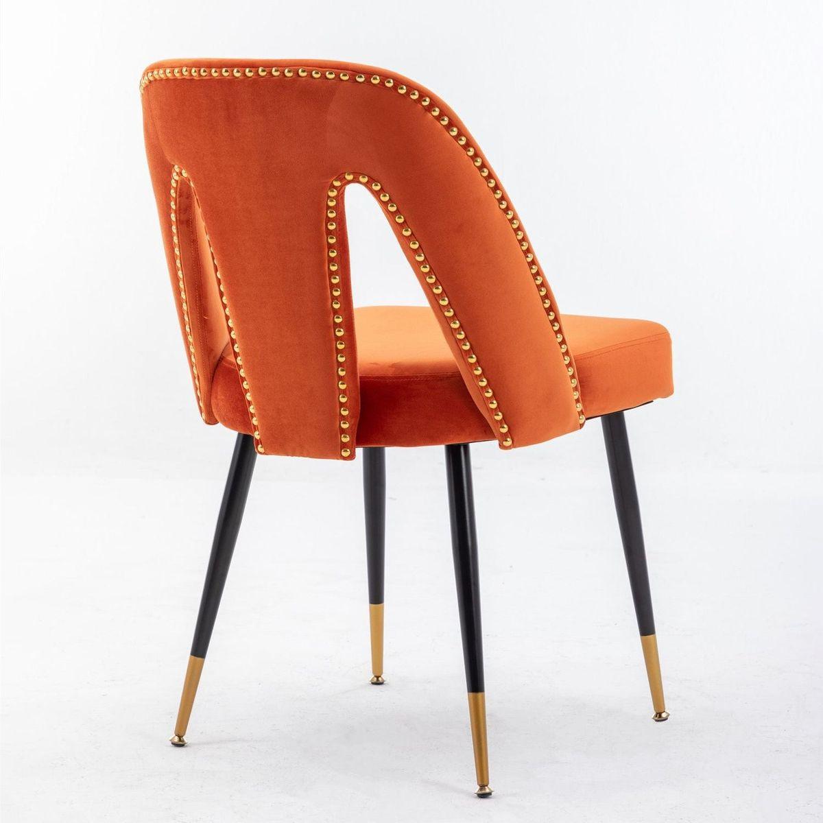 Akoya Collection Modern Contemporary Velvet Upholstered Dining Chair with Nailheads and Gold Tipped Black Metal Legs, Orangeet of 2