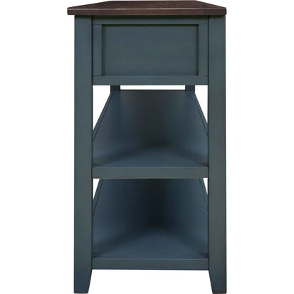 Retro Design Console Table with Two Open Shelves, Pine Solid Wood Frame and Legs for Living Room (Navy) - Streamdale Furniture