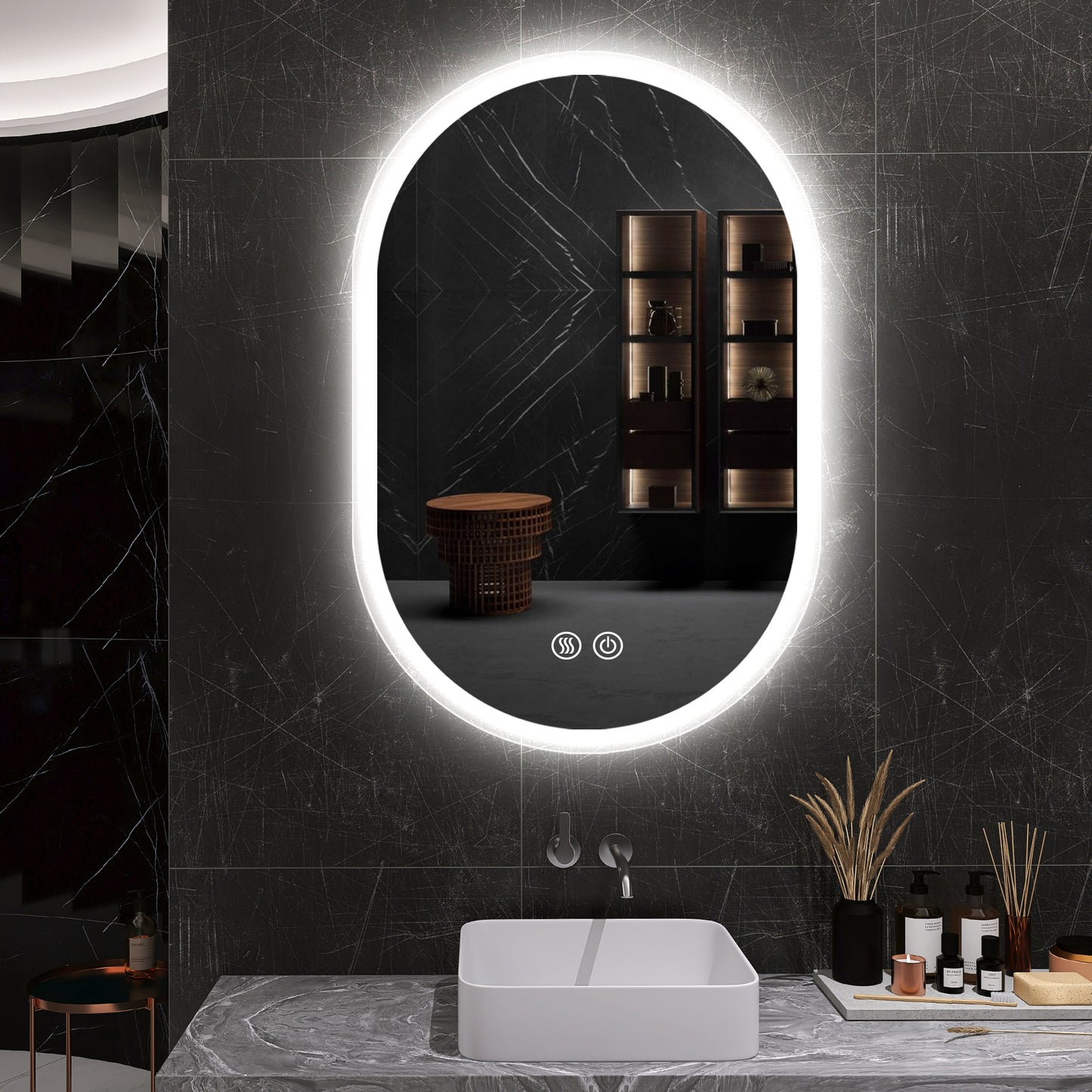 40X24 Inch Bathroom Mirror with Lights, Anti Fog Dimmable LED Mirror for Wall Touch Control, Frameless Oval Smart Vanity Mirror Vertical Hanging