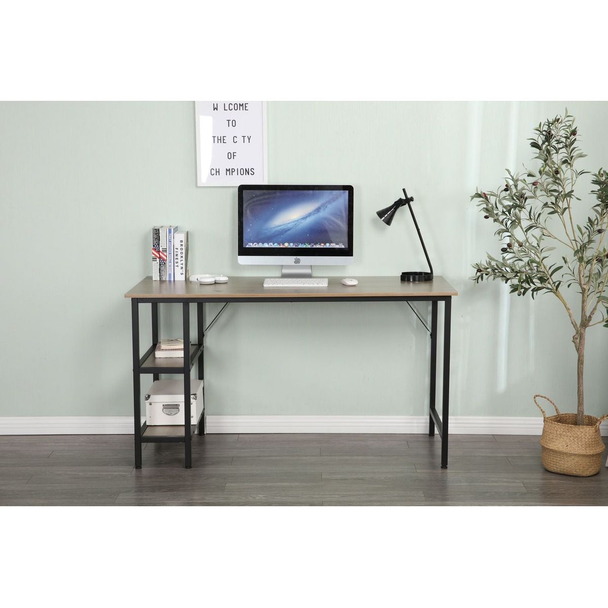 55-inch oversized light gray wood grain, best-selling home office computer desk, study writing desk with two-layer bookshelf