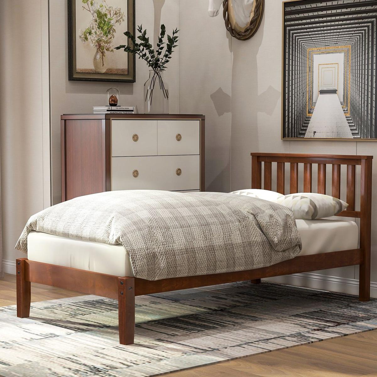 Wood Platform Bed with Headboard/Wood Slat Support Twin (Walnut)