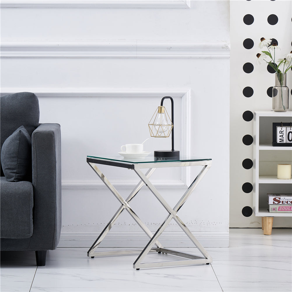 3 Pieces Silver Square Nesting Glass End Tables (X shape frame)- Small Coffee Table Set- Stainless Steel Small Coffee Tables with Clear Tempered Glass- 18" Modern Minimalist Side Table for Living Room