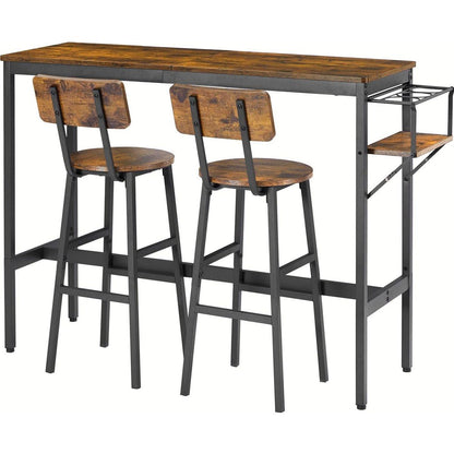 Bar Table Set with wine bottle storage rack. Rustic Brown, 47.24" L x 15.75" W x 35.43" H.