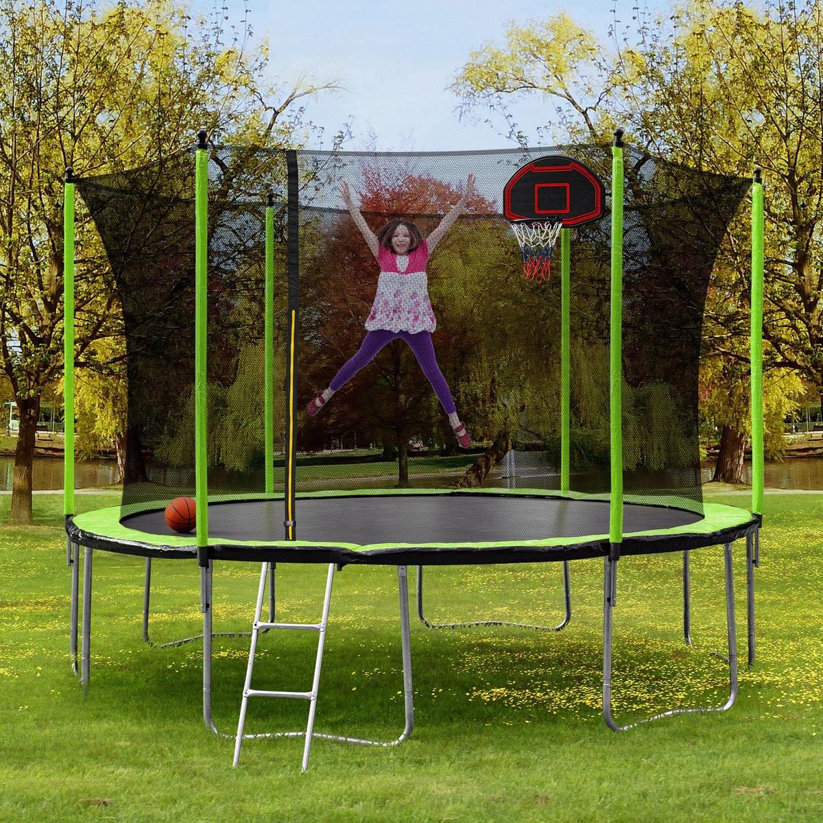 14FT Trampoline with Basketball Hoop Inflator and Ladder (Inner Safety Enclosure) Green - Streamdale Furniture