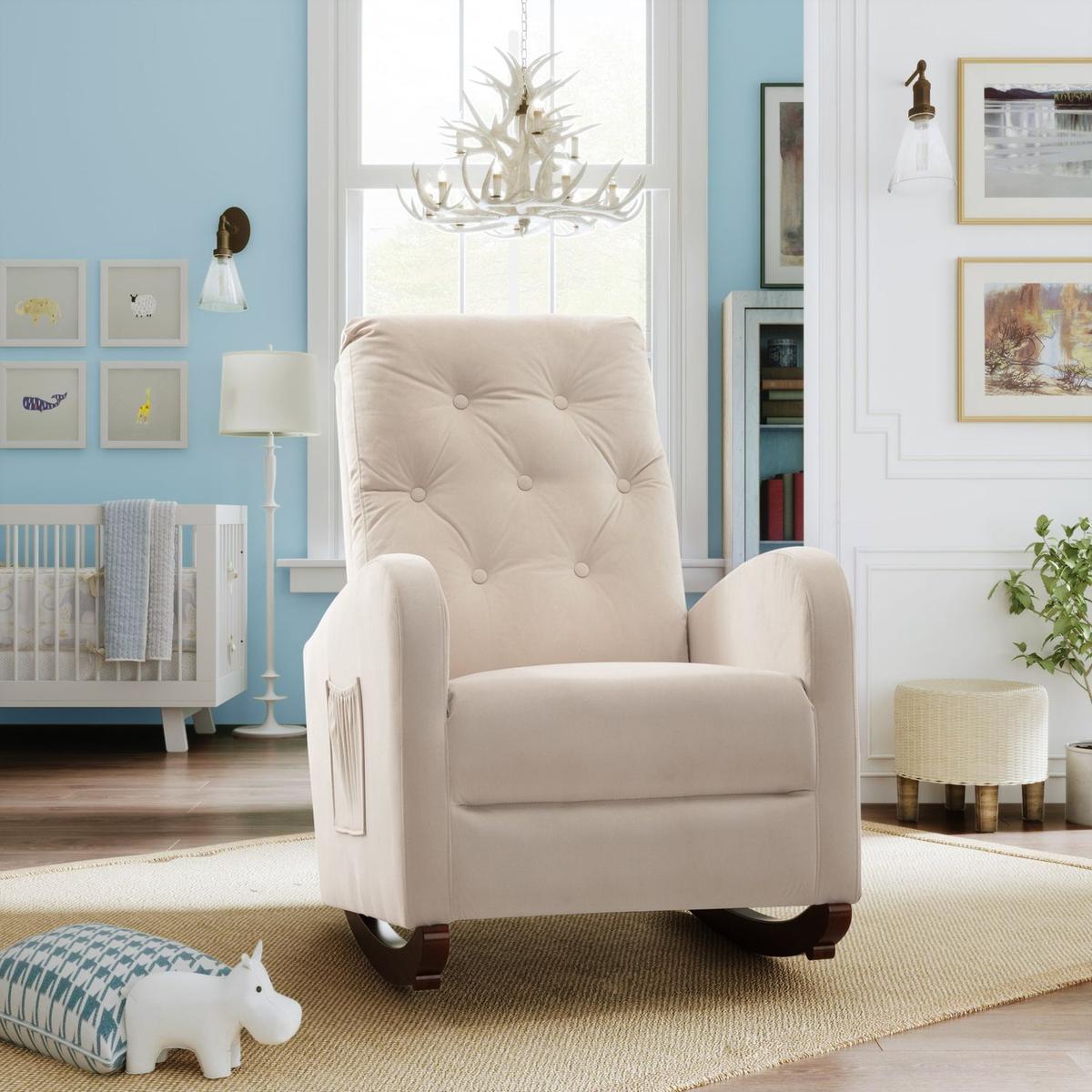 Baby Room High Back Rocking Chair Nursery Chair, Comfortable Rocker Fabric Padded Seat, Modern High Back Armchair