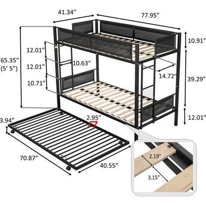 Twin over twin bunk bed with trundle (Wood Slat and Textilene Guardrail)