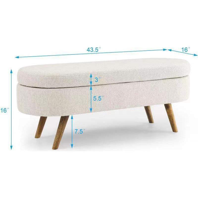 Ottoman Oval Storage Bench, Rubber Wood Legs, Beige 3.5"16"16"