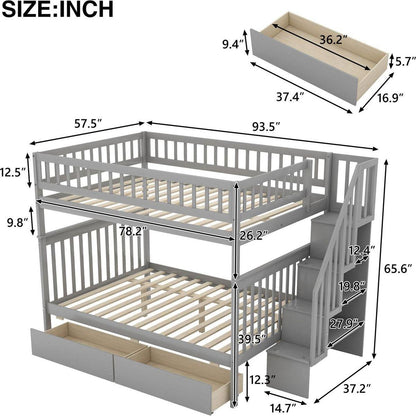 Full over Full Bunk Bed with Two Drawers and Storage, Gray