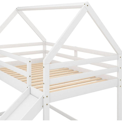 Twin Size Bunk House Bed with Slide and Ladder, White