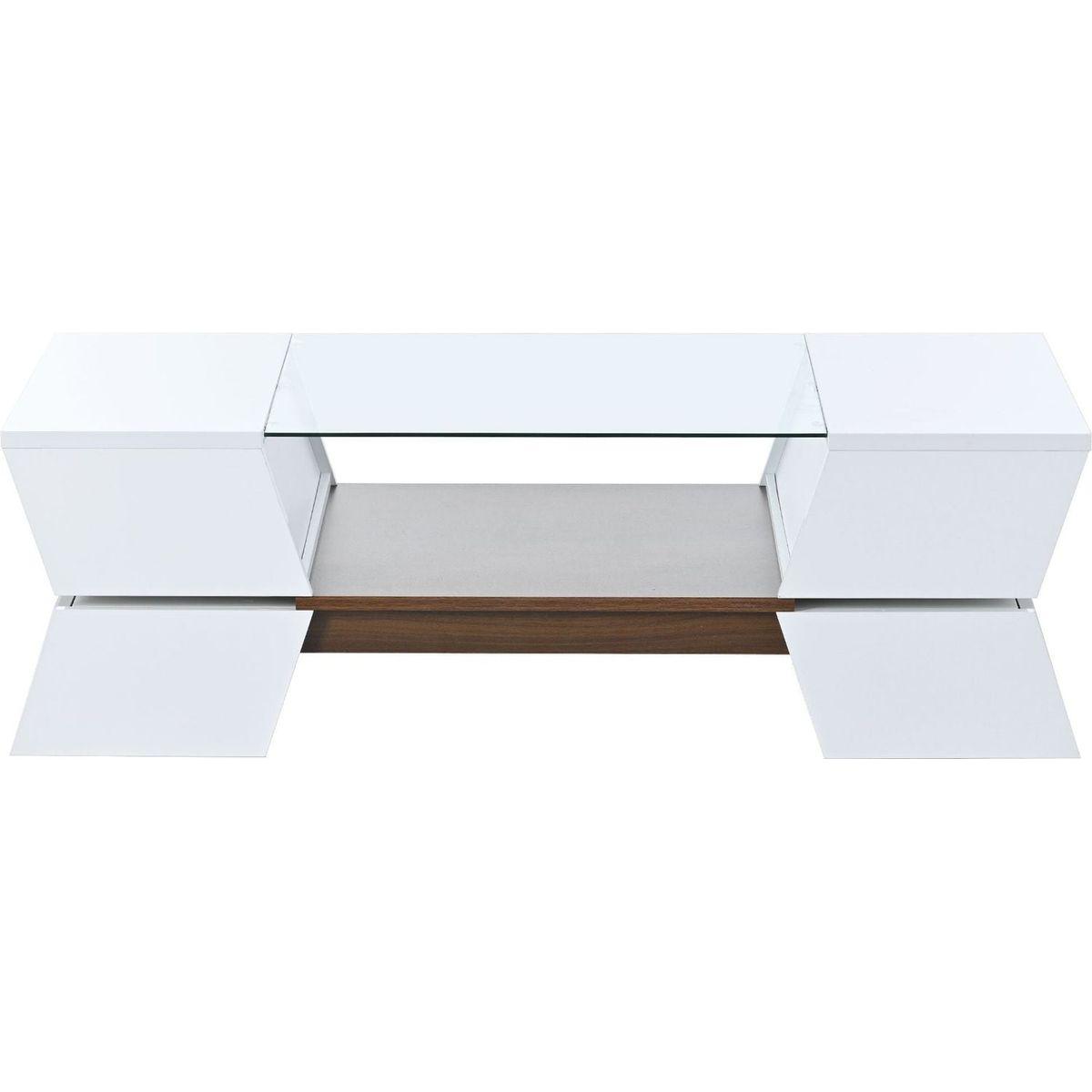 6mm Glass-Top Coffee Table with Open Shelves and Cabinets, Geometric Style Cocktail Table with Great Storage Capacity, Modernist 2-Tier Center Table for Living Room, White