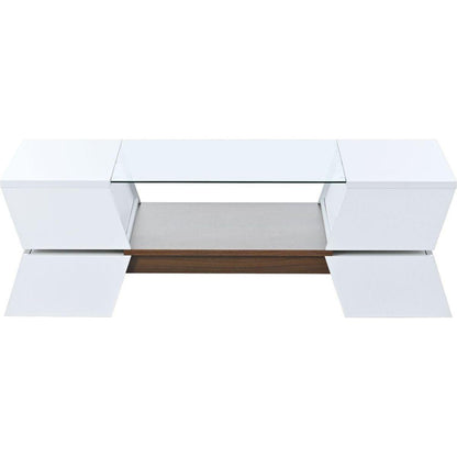 6mm Glass-Top Coffee Table with Open Shelves and Cabinets, Geometric Style Cocktail Table with Great Storage Capacity, Modernist 2-Tier Center Table for Living Room, White