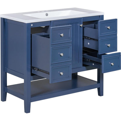 36" Bathroom Vanity with Sink Combo, One Cabinet and Three Drawers, Solid Wood and MDF Board, Blue