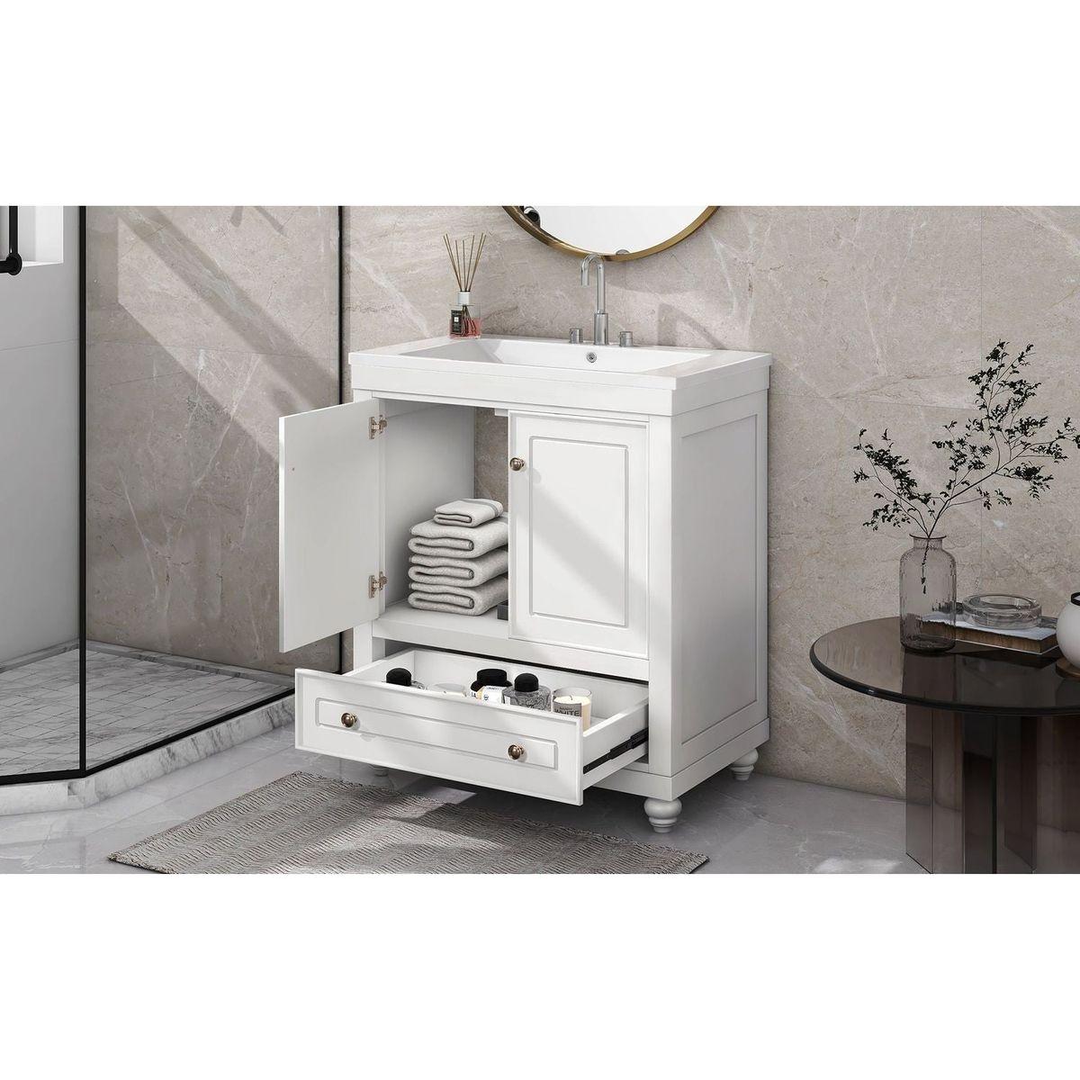 30" Bathroom Vanity with Sink, Combo, Cabinet with Doors and Drawer, Solid Frame and MDF Board, White