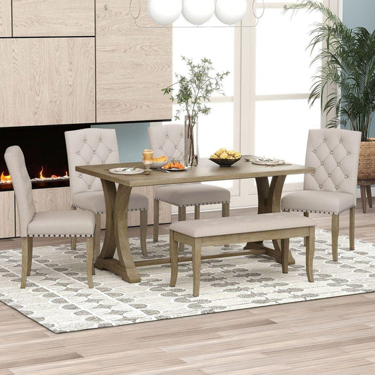 6-Piece Farmhouse Dining Table Set, Rectangular Trestle Table and 4 Upholstered Chairs & Bench for Dining Room (Natural Wood Wash)