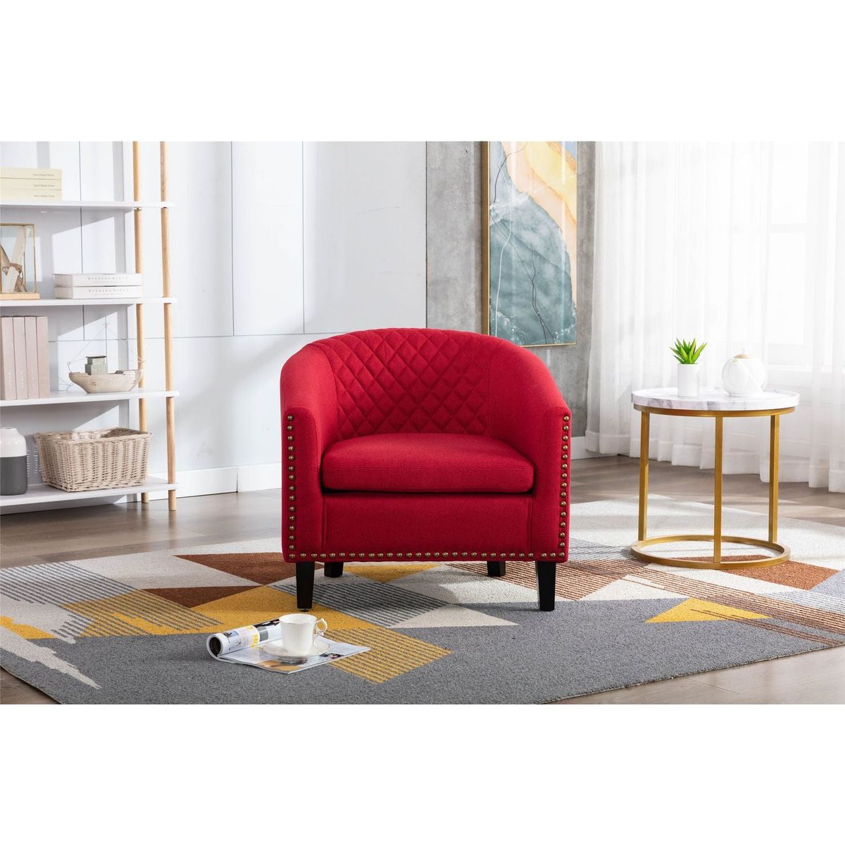 accent Barrel chair living room chair with nailheads and solid wood legs Red Linen