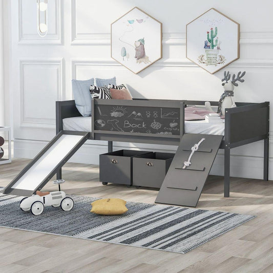 Twin size Loft Bed Wood Bed with Two Storage Boxes - Gray () - Streamdale Furniture