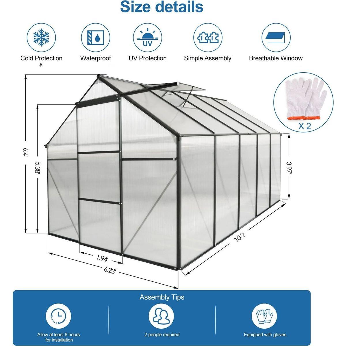 6x10 FT Polycarbonate Greenhouse Raised Base and Anchor Aluminum Heavy Duty Walk-in Greenhouses for Outdoor Backyard in All Season