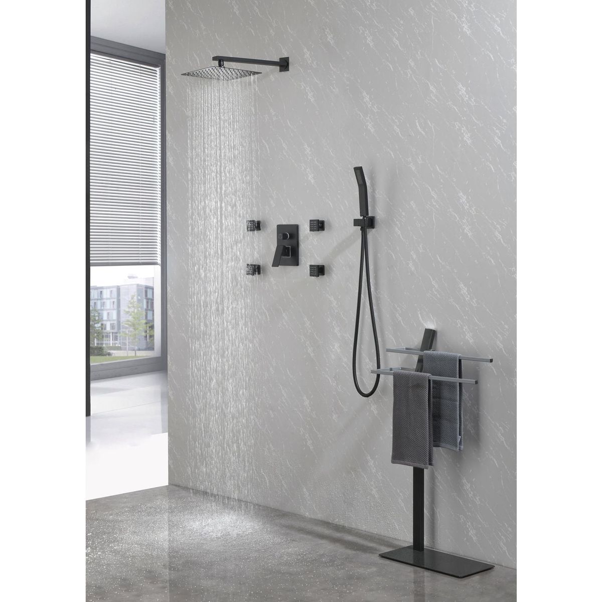 Shower System, 10-Inch Matte Black Full Body Shower System with Body Jets, Square Rainfall Shower Head, Handheld Shower, and 3 Functions Pressure Balance Shower Valve, Bathroom Luxury Faucet Set.