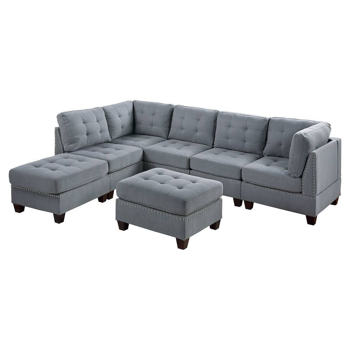 Contemporary Modular Sectional 7pc Set Living Room Furniture Corner L-Sectional Gray Linen Like Fabric Tufted Nail heads 2x Corner Wedge 3x Armless Chair and 2x Ottoman