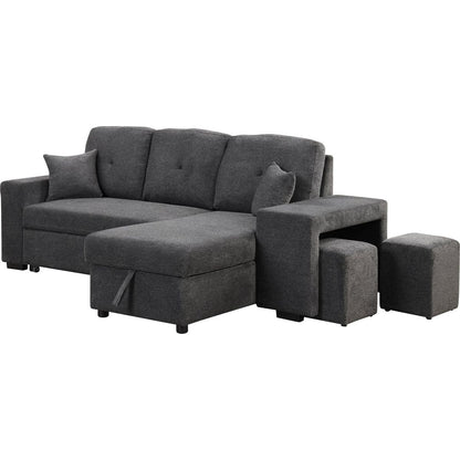 Reversible Sleeper Sectional Sofa Bed with Side Shelf and 2 Stools, Pull-Out L-Shaped Sofa Bed, Corner Sofa-Bed with Storage Chaise Left/Right Hande for Living Room, Blue Black