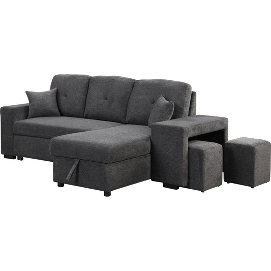 Reversible Sleeper Sectional Sofa Bed with Side Shelf and 2 Stools, Pull-Out L-Shaped Sofa Bed, Corner Sofa-Bed with Storage Chaise Left/Right Hande for Living Room, Blue Black