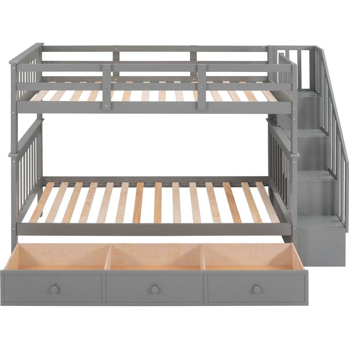 Stairway Twin-Over-Twin Bunk Bed with Three Drawers for Bedroom, Dorm - Gray - Streamdale Furniture