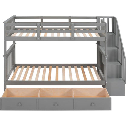 Stairway Twin-Over-Twin Bunk Bed with Three Drawers for Bedroom, Dorm - Gray - Streamdale Furniture