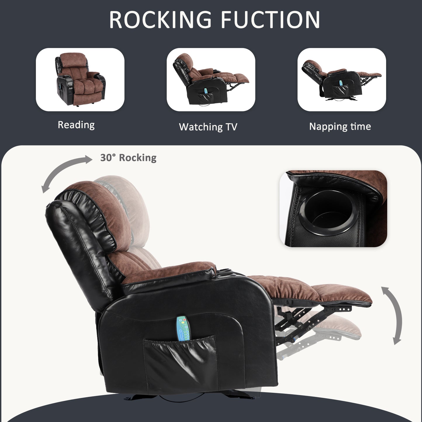 Recliner Chair for Living Room with Rocking Function and Side Pocket blackbrown