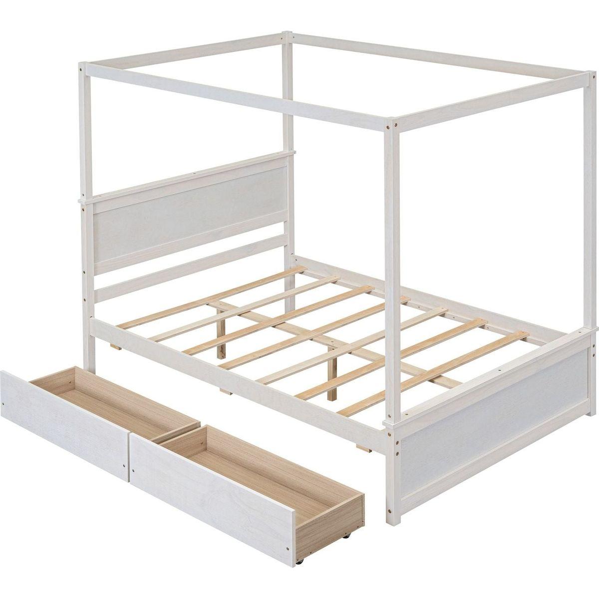 Wood Canopy Bed with two Drawers, Full Size Canopy Platform bed With Support Slats .No Box Spring Needed, Brushed White