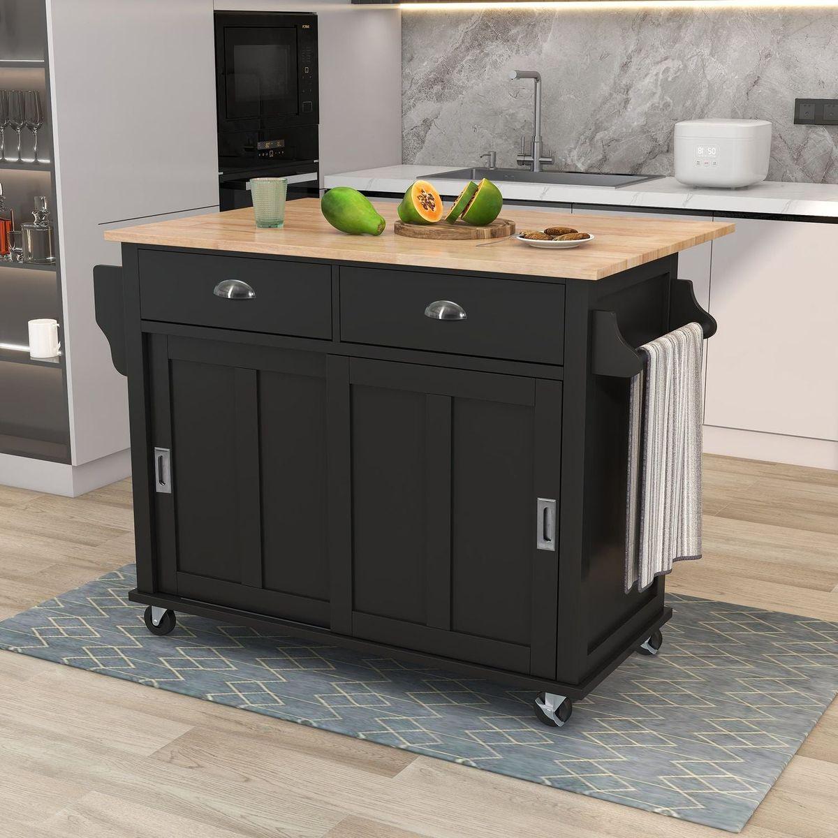 Kitchen Cart with Rubber wood Drop-Leaf Countertop, Concealed sliding barn door adjustable height, Kitchen Island on 4 Wheels with Storage Cabinet and 2 Drawers, L52.2xW30.5xH36.6 inch, Black