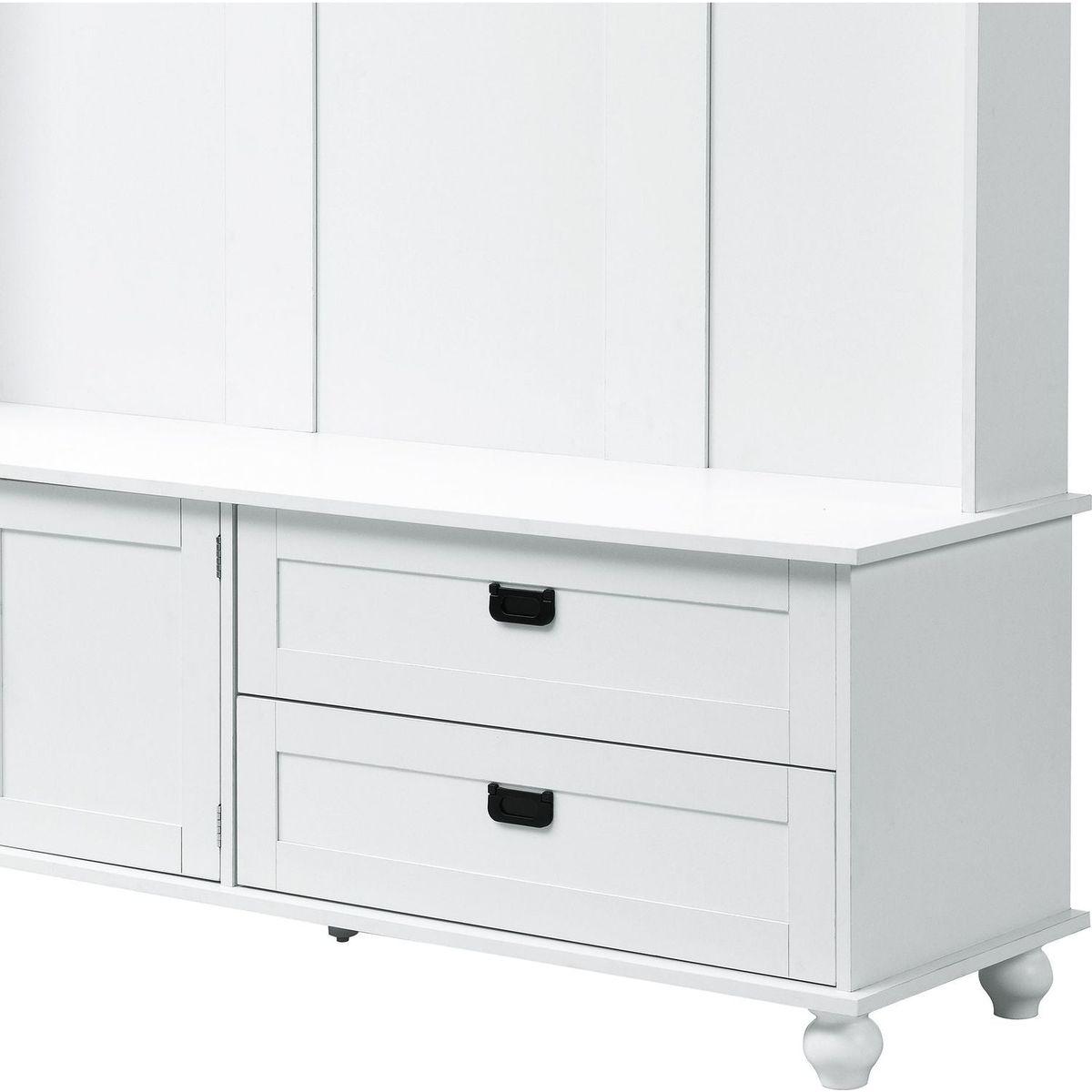 Modern Style Hall Tree with Storage Cabinet and 2 Large Drawers, Widen Mudroom Bench with 5 Coat Hooks, White