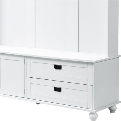 Modern Style Hall Tree with Storage Cabinet and 2 Large Drawers, Widen Mudroom Bench with 5 Coat Hooks, White