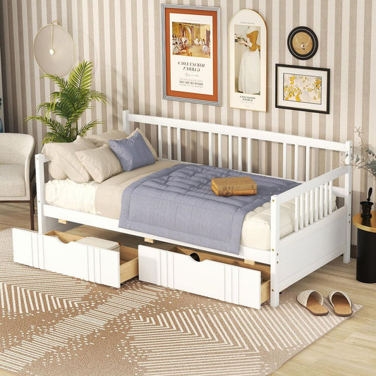 Twin Size Daybed Wood Bed with Two Drawers, White